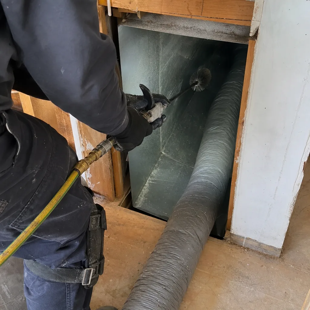 Professional technician performing deep air duct cleaning with specialized scrubbing equipment.