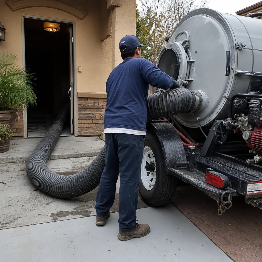 Technician performing professional air duct cleaning with industrial vacuum equipment