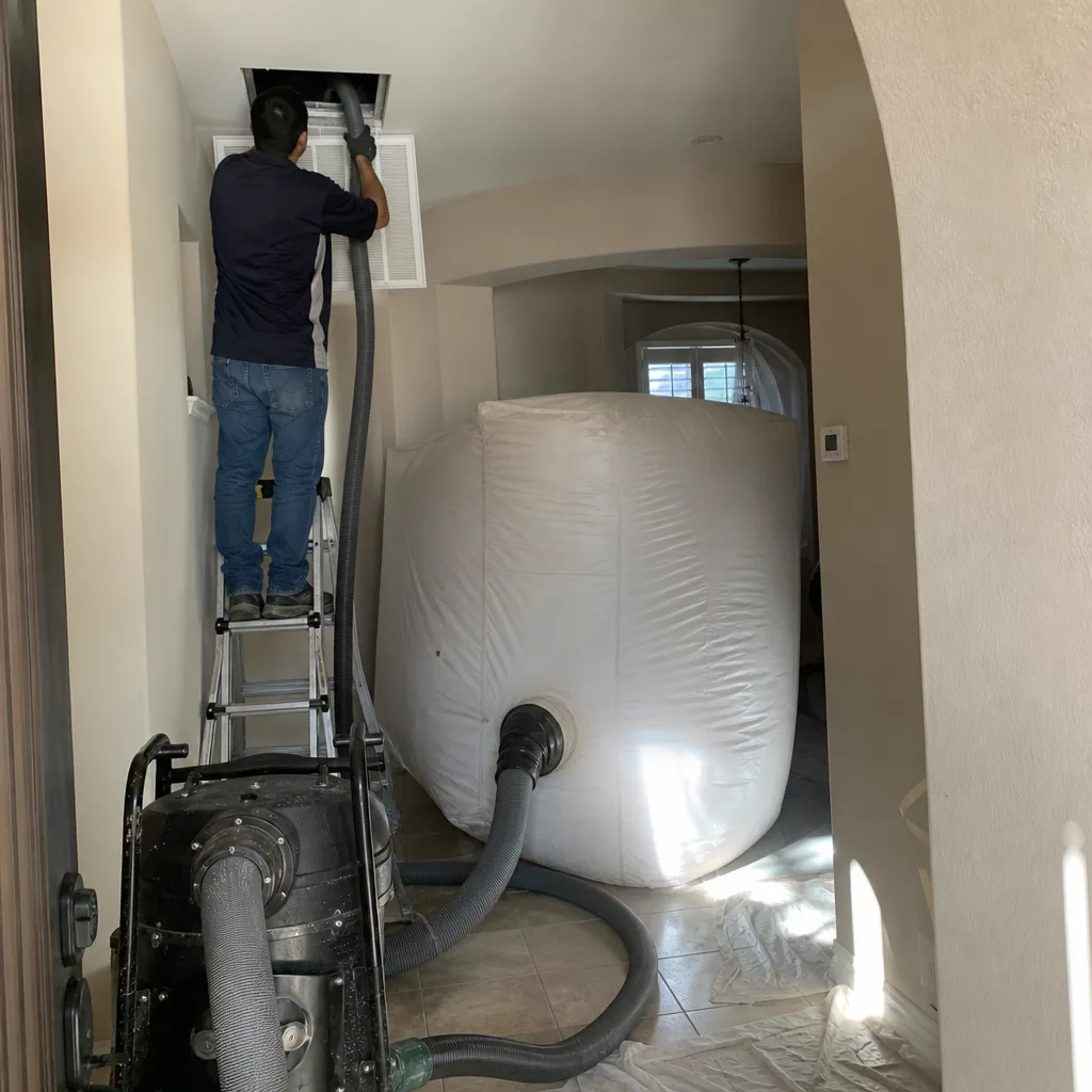 Professional air duct cleaning technician using vacuum equipment to sanitize HVAC vents