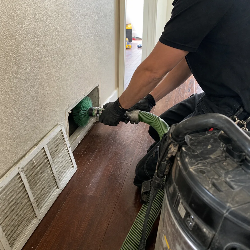 Technician using professional air duct cleaning equipment to clean home vents