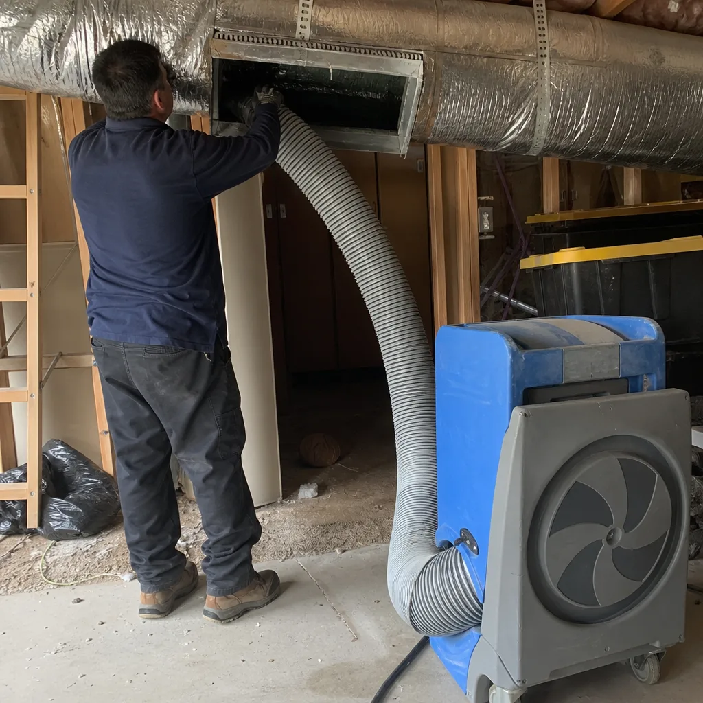 Technician performing professional air duct repair and maintenance in a basement