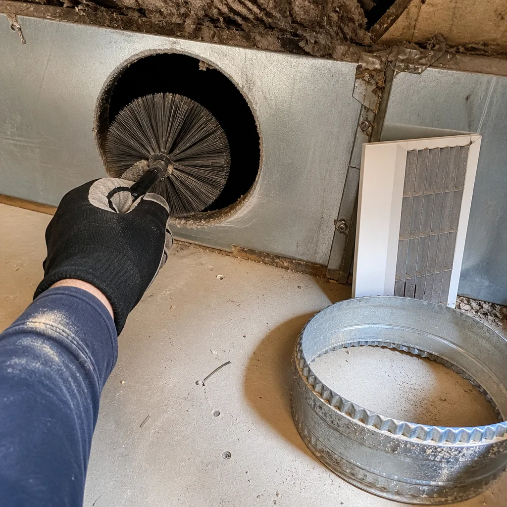 Technician using a rotating brush to clean residential HVAC air ducts